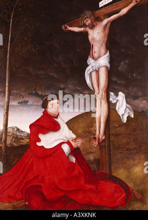 "Fine Arts, Cranach, Lucas der ältere (1472-1553), Malerei, 'Kardinal Albert von Mainz vor dem gekreuzigten Jesus', cir Stockfoto