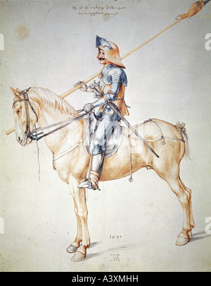 "Bildende Kunst, Dürer, Albrecht (1471-1528), Malerei,"Geharnischter Ritter", ("Kinght in Rüstung"), Aquarell, Bleistift und Stockfoto