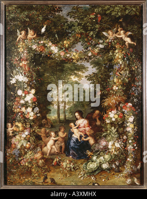 "Bildende Kunst, Brueghel, Jan der ältere, (1568-1625) und Avont, Pieter van, (1600-1652), Malerei,"Heilige Familie", panel, 93,5 Stockfoto