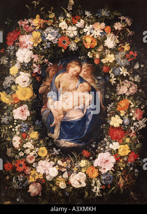 "Bildende Kunst, Brueghel, Jan der ältere (1568-1625), Malerei,"Heiligen Maria mit Kind und zwei Engeln in Blumen-Kranz"Prado, Stockfoto