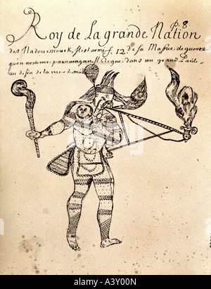 Geographie/Reise, USA, Menschen, amerikanische Indianer, tätowierte Chefin, (wahrscheinlich Sioux), volle Länge, Federzeichnung, von Charles Becard de Granville, ca. 1701, Sammlung Valtat, Paris, Stockfoto