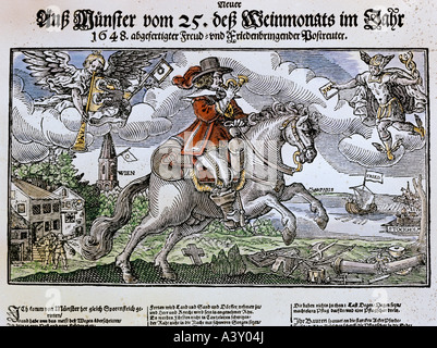 Ereignisse, Dreißigjähriger Krieg 1618 - 1648, Frieden von Westfalen 1648, Bote mit Friedensbotschaft, Farbholzschnitt, Augsburg oder Nürnberg, Privatsammlung, Stockfoto