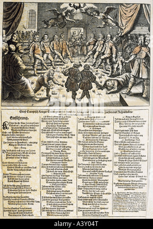 Veranstaltungen, Dreißigjähriger Krieg 1618 - 1648, Karikatur, europäisches Kriegsballett, Flyer, Farbgravur, Deutschland, nach 1632, Privatsammlung, Stockfoto