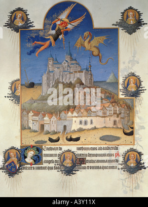 "Michael, Erzengel, (Christentum), Kampf mit den Drachen, Miniatur von Jean Limburg, Detail aus"Les Tres Riches Heures", fo Stockfoto