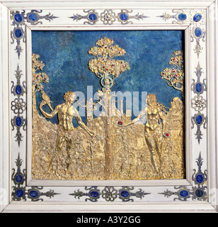 Bildende Kunst, religiöse Kunst, Adam und Eva, Relief, ca. 1550, Gold, Nürnberg, Frame-Elfenbein, Lapislazuli, Residenz Schatzkammer, Muni Stockfoto