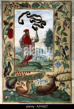 Alchemie, "geschickt mit Elixier", Miniatur, Illustration von 'Splendor solis', Augsburg, ca. 1600, Germanisches Nationalmuseum, Stockfoto
