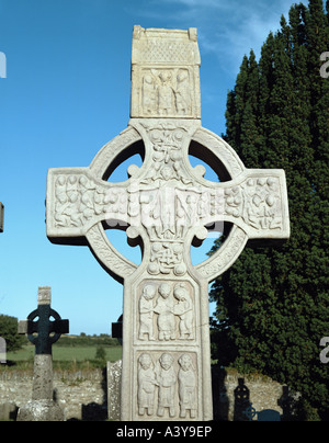 Reise/Geographie, Irland, Monasterboice, Denkmäler, Muiredach - Kreuz, Westseite, Detail, frühes 10. Jahrhundert, historisch, Europa, County Kildare, Religion, christenheit, bildende Kunst, religiöse Kunst, Mittelalter, Skulptur, Skulpturen, Stein, Granit, celtic, bibel, hoch, Mittelalter, Stockfoto