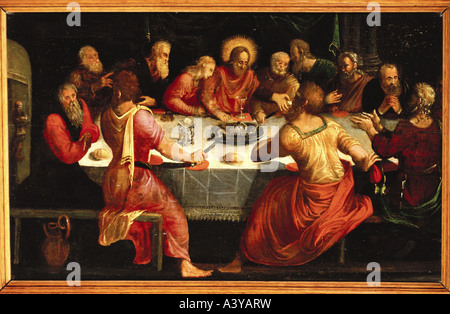 "Bildende Kunst, sakrale Kunst, Jesus Christus, Leidenschaft, Malerei,"das letzte Abendmahl", unbekannter Künstler, Ende des 16. Jahrhunderts, 41 cm x 66 c Stockfoto