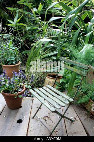 Altes französisches Café Lattenrost Stuhl in einem London-Garten mit Terrasse Stockfoto
