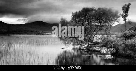 Schwarz / weiß-Panorama-Bild der Ba Loch Rannoch Moor in den schottischen Highlands, eingehüllt von moody grauen Himmel. Stockfoto