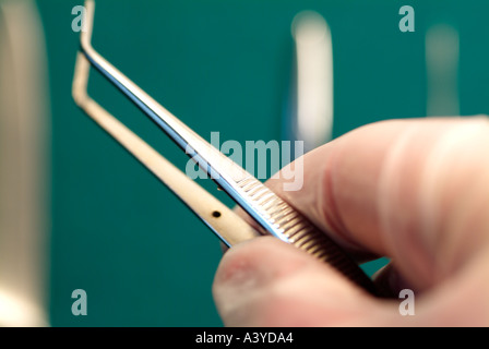 Chirurgen, die Auswahl eines chirurgischen Instruments während einer Operation, Close Up. Stockfoto
