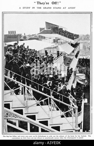 Ascot Grand Stand 1910 sind das Fernglas als Top-Hats in der Tribüne Uhr den Start eines Rennens Stockfoto