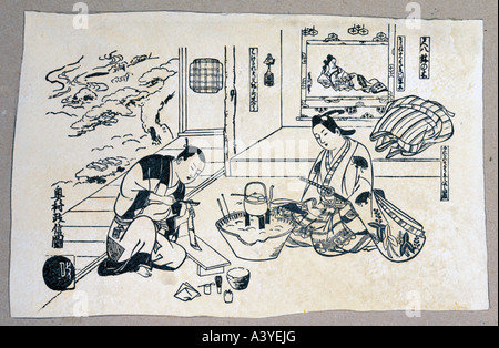 "Fine Arts, Masanobu, Okumura (ca. 1686-1751), Grafiken," eine Vielzahl seiner Querflöte zu zerstören, Holz um Tee für seine Gues zu gewinnen Stockfoto