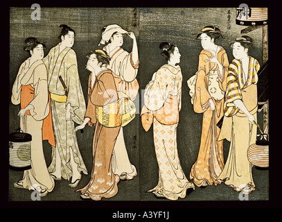 "Fine Arts, Kiyonaga, Torii, (1752-1815), Grafiken,"nächtliche Szene in Shinagawa", 1785, Farbe Holzschnitt, Privatsammlung, Wa Stockfoto