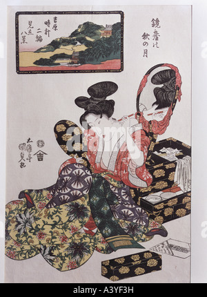 "Fine Arts, Kunisada, Utagawa (1786-1864), Grafiken,"Geisha Anwendung Make-up", ca. 1820 / 1833, Farbe Holzschnitt, 38,7 cm Stockfoto