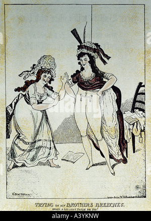 Menschen, Frauen, 18. Jahrhundert, "Trying on my Brothers breeches", Farb-Radierung, von Richard Newton, London, 1796, private Sammlung, Stockfoto