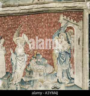"Bildende Kunst, sakrale Kunst, Engel, 'die Tore der Neavenly Jerusalem', Gobelin, Paris, ca. 1375-1380, gewebt von Nicolas Bat Stockfoto