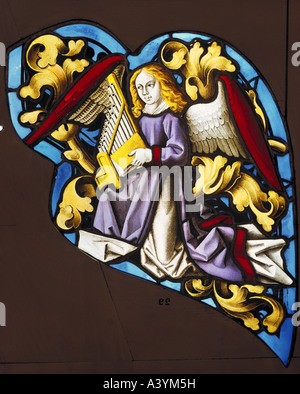 "Bildende Kunst, sakrale Kunst, Engel,"Engel Musizieren mit tragbaren Orgel", Glas-Malerei, nördliche Schweiz, 15. Jahrhun Stockfoto