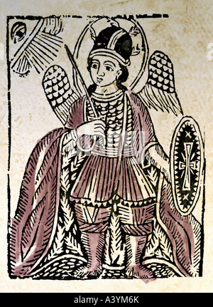Bildende Kunst, sakrale Kunst, Engel, Erzengel Michael, Grafiken, Polen, erste Hälfte 19. Jahrhundert, Farbe Holzschnitt, private s Stockfoto