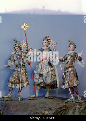 Weihnachten, Krippen, Krippe, Figuren, "Verkündung der Hirten", Engel der Verkündigung, Kloster Stams, Tyrol, Mitte 18./19. Jahrhundert, Bayerisches Nationalmuseum, Stockfoto