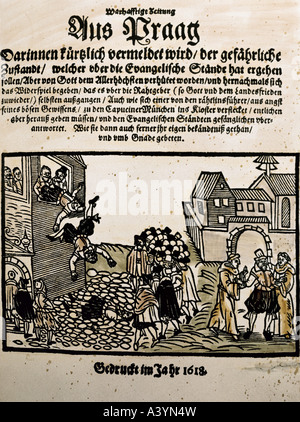 Ereignisse, Der Dreißigjährige Krieg 1618 - 1648, zweite Bewehrung von Prag, 23.5.1618, Farbholzschnitt, "Wahlhafte Zeitung", 1618, Privatsammlung, Stockfoto