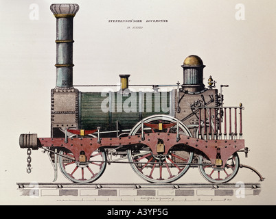 Transport/Transport, Eisenbahn, Dampfmaschine/Züge, Zeichnung Stephenson-Lok, Farbstahlgravur, Deutschland, ca. um das Jahr 1845, Stockfoto