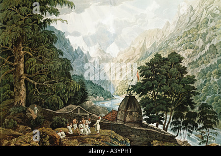 Geografie/Reise, Indien, Landschaften, Himalaya, hindu-kloster Gongotri am Fluss Ganges, Blick auf den Berg Kailash, Farblithograph, von James Baillie Fraser, von "Ansichten im Himalaya-Gebirge", London, 1820, Privatsammlung, Stockfoto