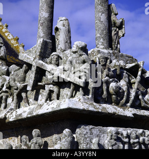 Geographie/Reise, Frankreich, Tronoen, Denkmäler, kalvarienberg, Detail, Taufe Christi und Christus, die das Kreuz tragen, 1450 - 1470, Stockfoto