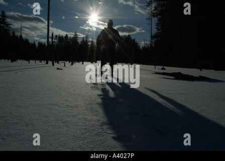 Eine Person s Fußspuren im frisch gefallenen Schnee befindet sich in einem neu-England-Wald in New Hampshire USA Stockfoto