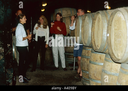 FRANKREICH BURGUND-POMMARD-TOURISTEN PROBIEREN WEIN UND HOLZFÄSSER IM WEINKELLER LEJEUNE IN EUROPA Stockfoto