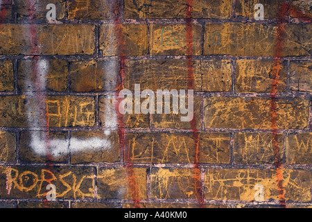 Ziegelwand mit zerkratzten Graffiti in Clissold Park, Stoke Newington, London, UK, Februar 2006. Stockfoto