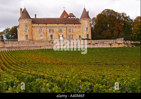 Die mittelalterlichen Chateau de Rully in Côte Chalonnaise, Bourgogne und es ist Weinberg mit Chardonnay bepflanzt Stockfoto