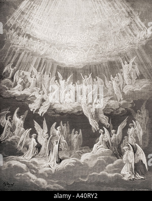 Illustration für Paradiso von Dante Alighieri. Canto XXVII, Linien 1 bis 4. Ehre sei dem Vater, dem Sohn und dem Heiligen Geist von Gustave Dore. Stockfoto