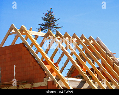 Zeremonie Dach Neubau Deutschland Richtfest Mit Baum Auf Offenem Dachstuhl Stockfoto