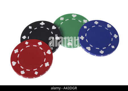 Pokerchips Ausschneiden auf weißem Hintergrund Stockfoto