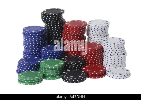 Pokerchips Ausschneiden auf weißem Hintergrund Stockfoto