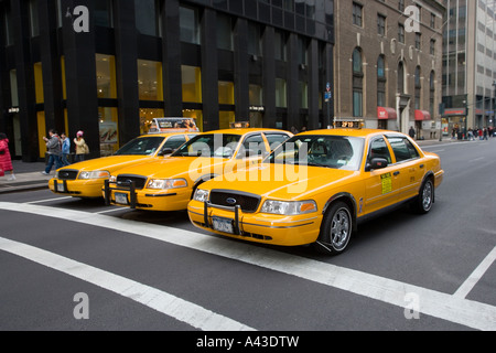 Drei gelbe Taxis in einer Reihe Stockfoto