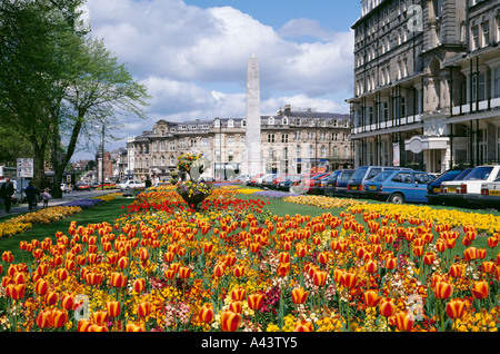 Tulpen und Mauerblümchen in Blüte, Aussicht auf Gärten, Harrogate, North Yorkshire, England, UK. Stockfoto