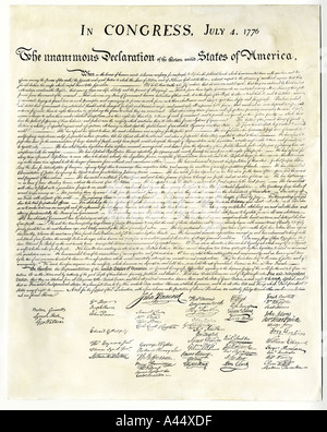 Die amerikanische Unabhängigkeitserklärung von 1776. Holzschnitt Stockfoto