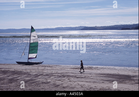 Eine Jolle gestrandet auf dem Sand in der Mündung des Flusses Exe in Exmouth Devon UK Stockfoto