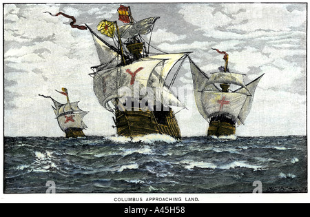 Drei Schiffe des Columbus in die Neue Welt 1492. Hand - farbige Holzschnitt Stockfoto
