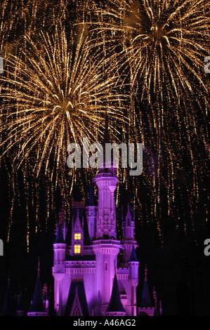 Disney World Magic Kingdom Cinderella Castle bei Nacht Feuerwerk Aktion Display Blenden magischen dunklen Hintergrund Stockfoto