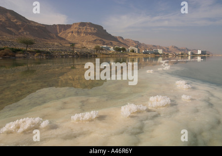 Israel Totes Meer Ein Bokek Hotel Blick auf das Resort mit Meer und Salzformationen in Frgd Hotels und einsamen Klippen in bkgd Stockfoto