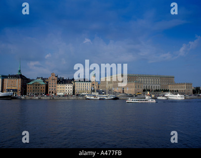 Gamla Stan Skyline von Skeppsholmen Brücke, Gamla Stan, Stockholm, Schweden gesehen. Stockfoto