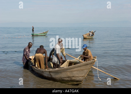 Fischer bringen fangen am Ufer von Lake Albert, Nord-Uganda, Ostafrika Stockfoto