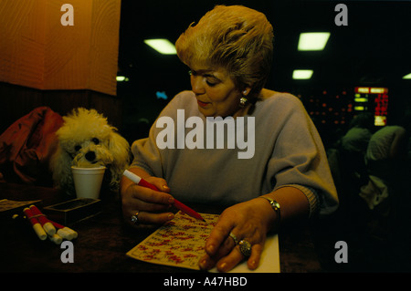 Frau Hund spielen Bingo eine Bingo-Halle in Süd-London 1984 1984 Stockfoto