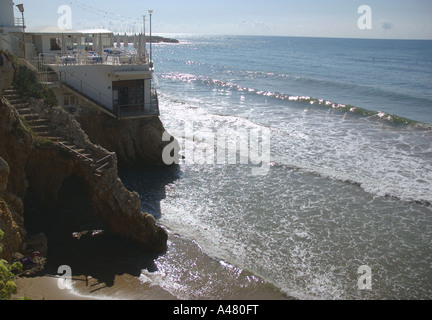 Panoramablick auf das Meer & Strand von Sitges Katalonien Katalonien Katalonien Costa Dorada España Spanien Europa Stockfoto