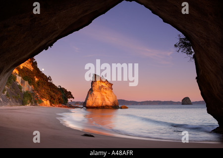 der Mond über Cathedral Cove im Morgengrauen nr Hahei Coromandel Halbinsel North Island Neuseeland NR Stockfoto