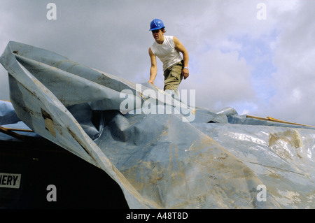 Ein neues Dach mit Plastikplanen abdecken Stockfoto
