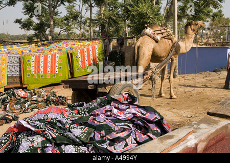 Indien Rajasthan Kunsthandwerk Sanganer Textilien Kamel Wagen unter den Stoff trocknen in der Sonne Stockfoto